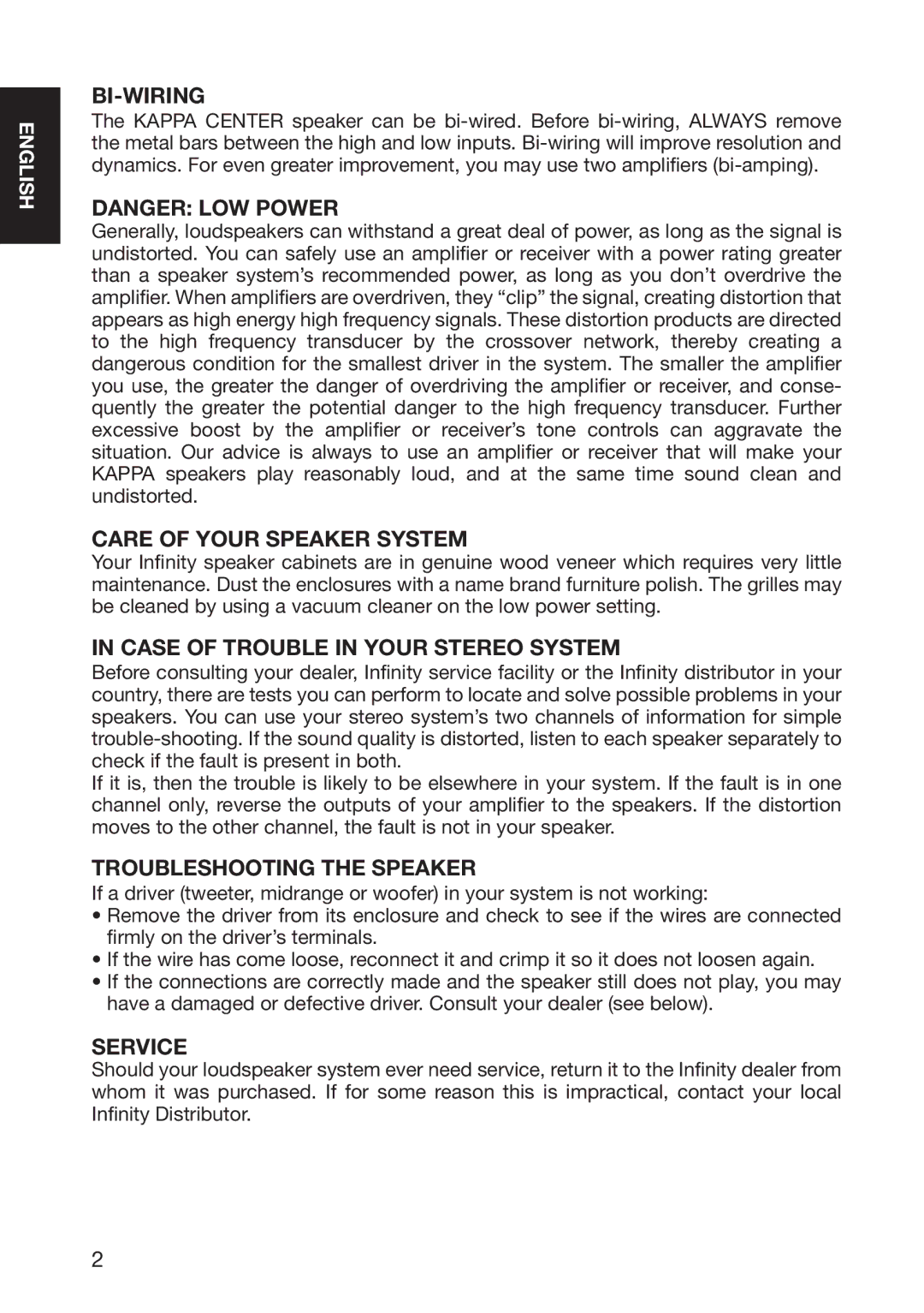 Infinity 10926 Bi-Wiring, Care of Your Speaker System, Case of Trouble in Your Stereo System, Troubleshooting the Speaker 