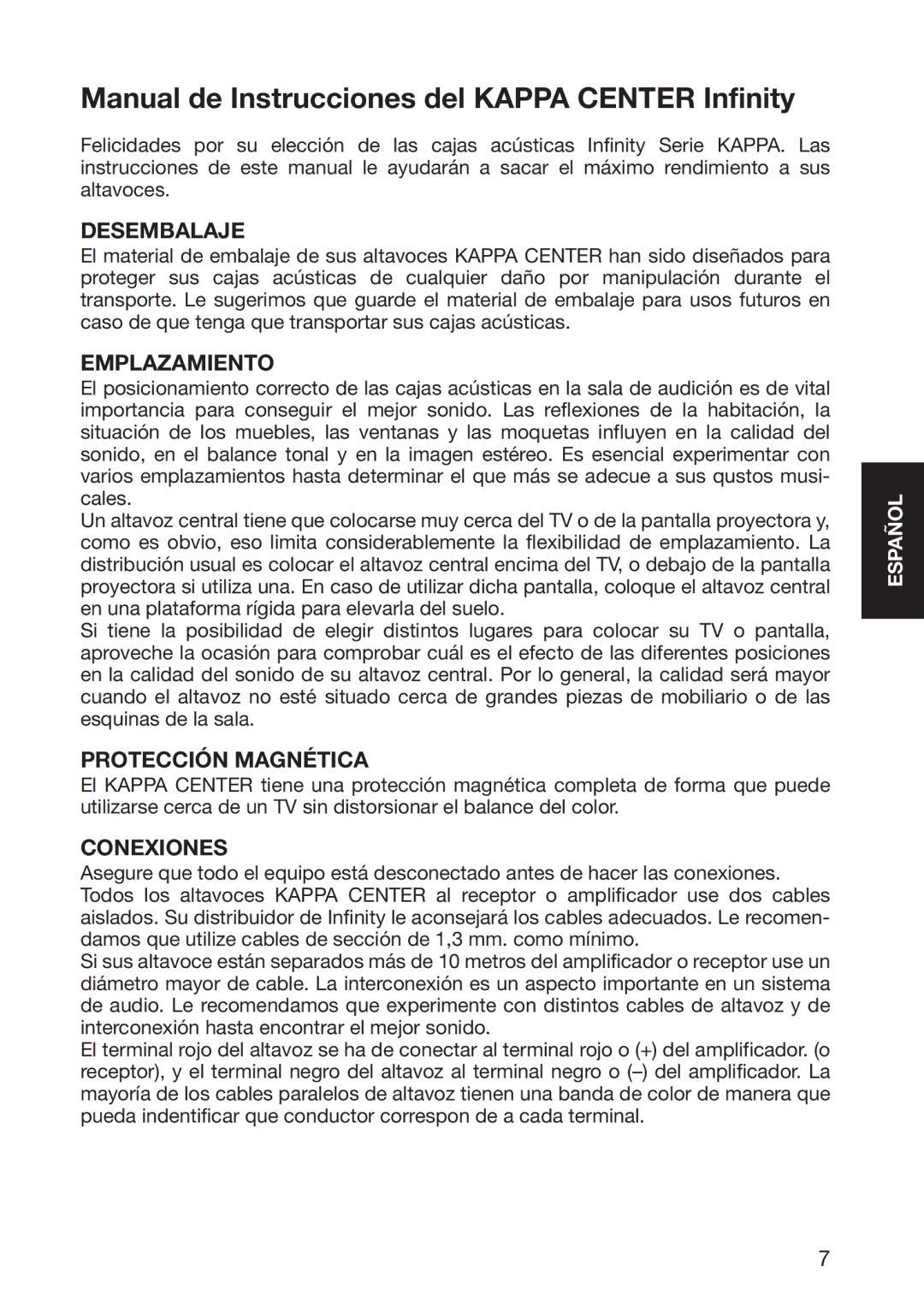 Infinity 10926 Manual de Instrucciones del Kappa Center Infinity, Desembalaje, Emplazamiento, Protección Magnética 