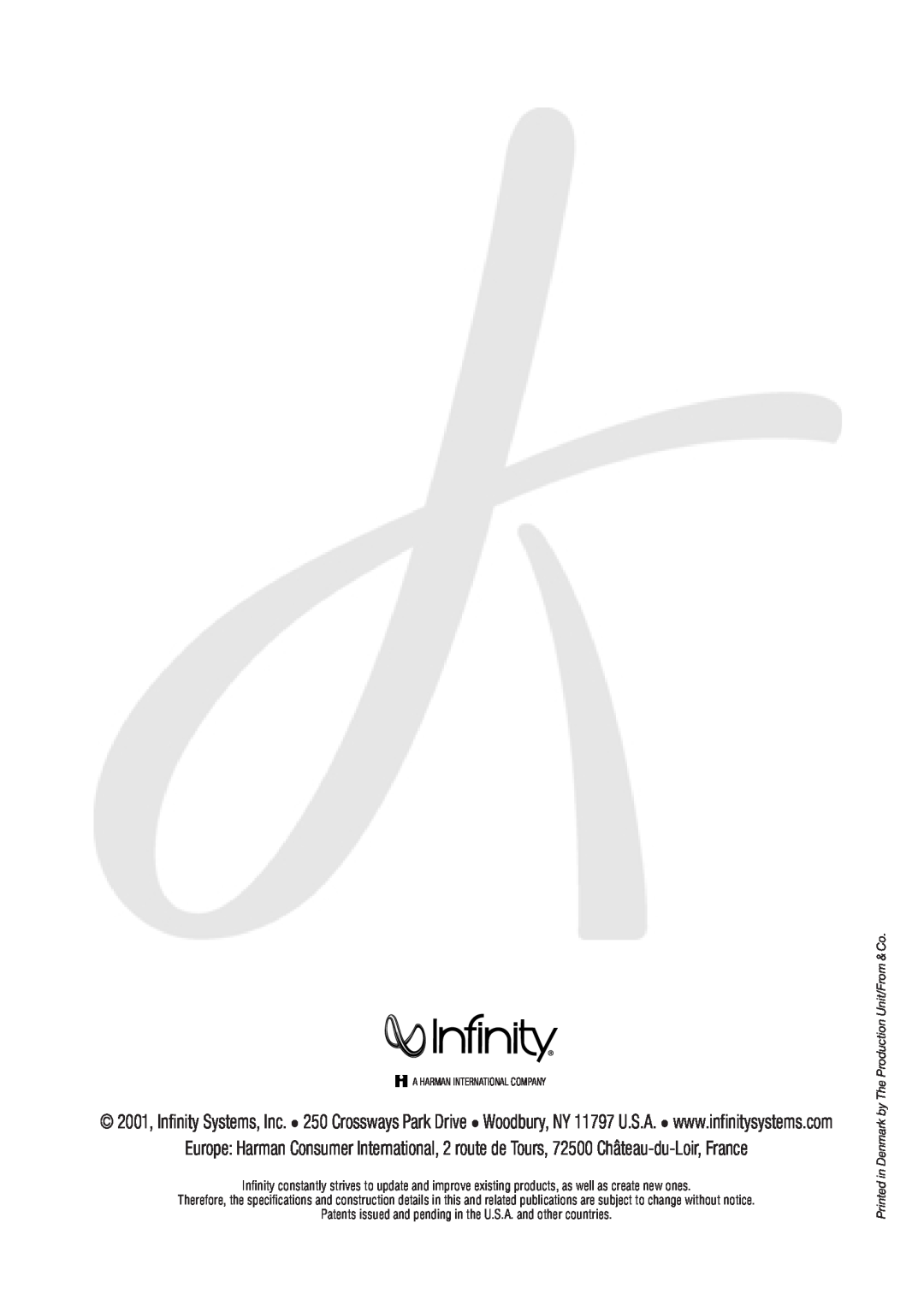 Infinity 10926 instruction manual A Harman International Company, in Denmark by The Production Unit/From & Co, Printed 