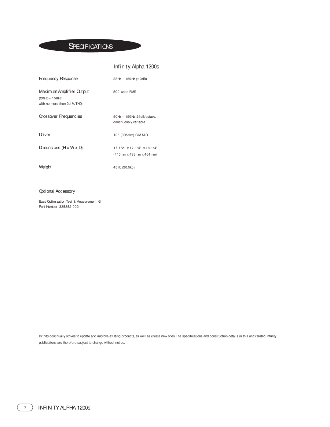 Infinity 1200S manual Specifications 