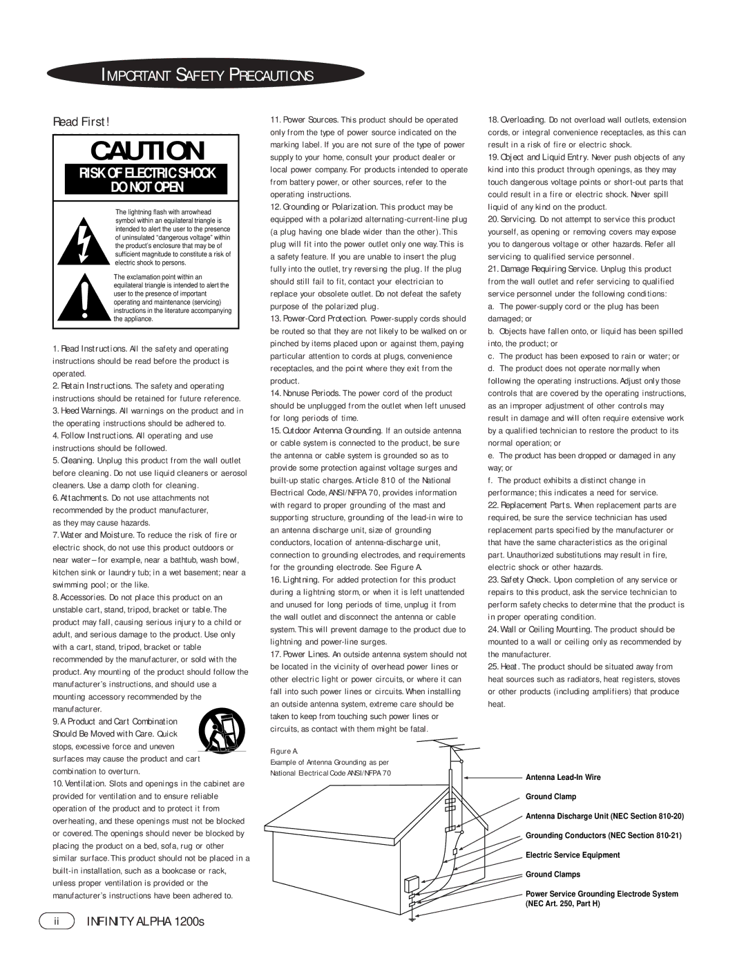 Infinity 1200S manual Important Safety Precautions, Read First, Ii Infinity Alpha 1200s 