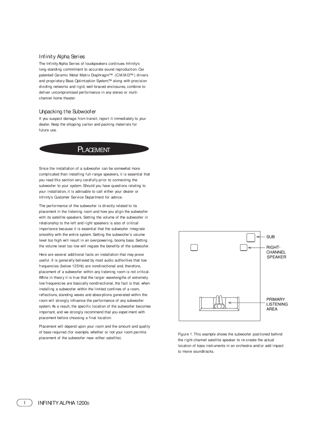 Infinity 1200S manual Placement, Infinity Alpha Series, Unpacking the Subwoofer 