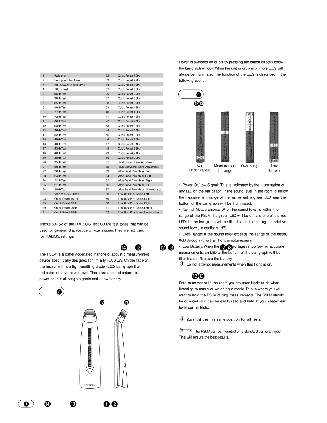 Infinity 1.2s manual Contents of the R.A.B.O.S. Test CD, Rslm Placement 