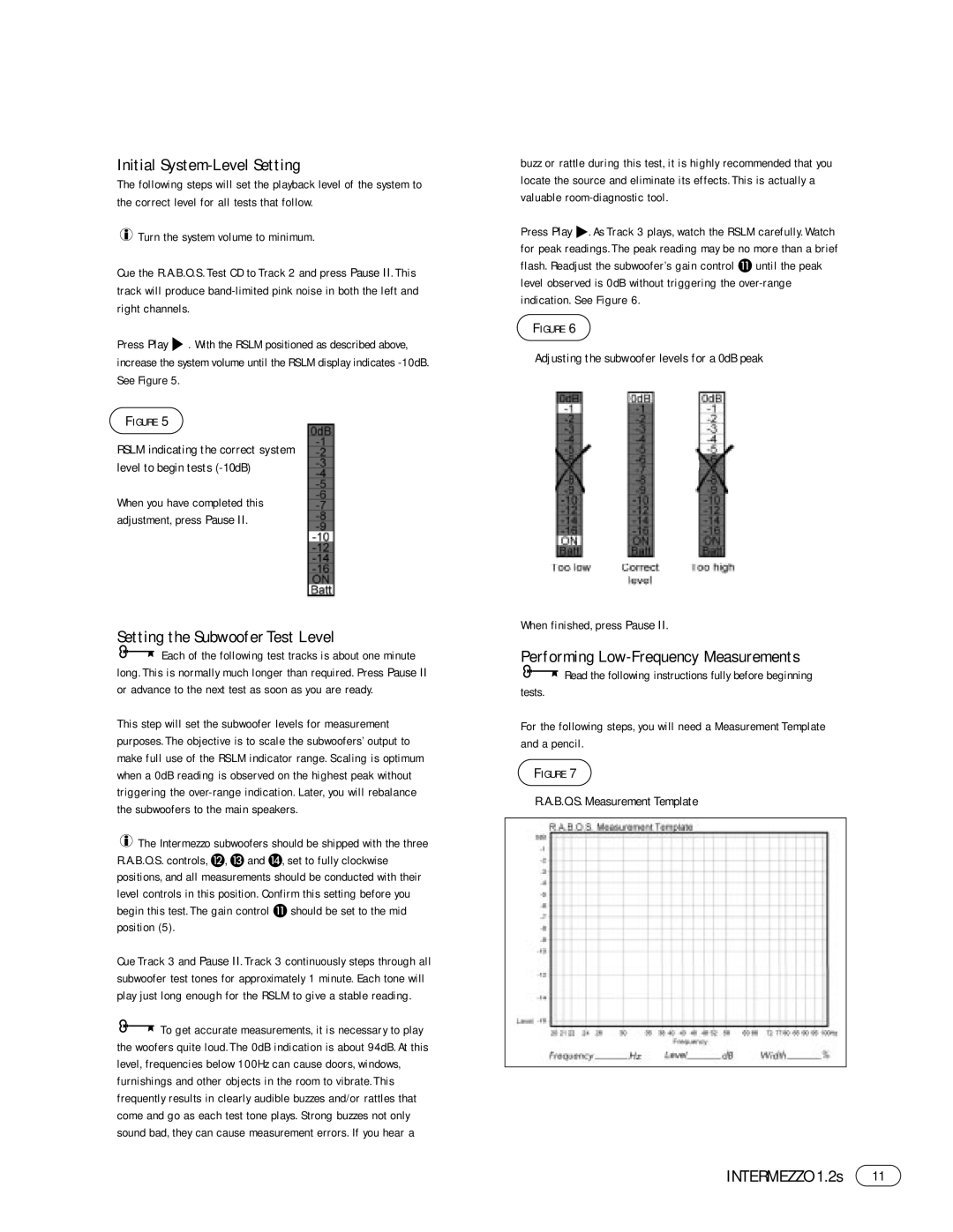 Infinity 1.2s manual Initial System-Level Setting, Setting the Subwoofer Test Level, Performing Low-Frequency Measurements 