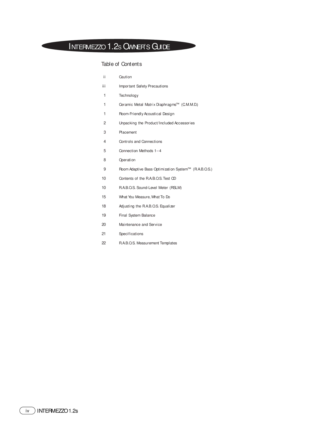 Infinity manual Intermezzo 1.2S OWNER’S Guide, Table of Contents, Iv Intermezzo 1.2s 