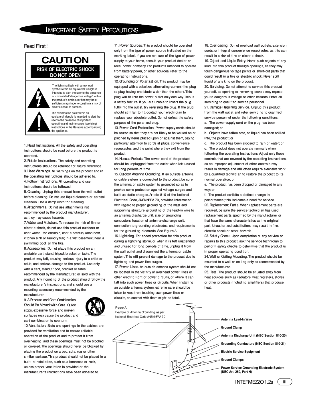 Infinity manual Important Safety Precautions, Read First, INTERMEZZO 1.2s, Do Not Open, Risk Of Electric Shock 