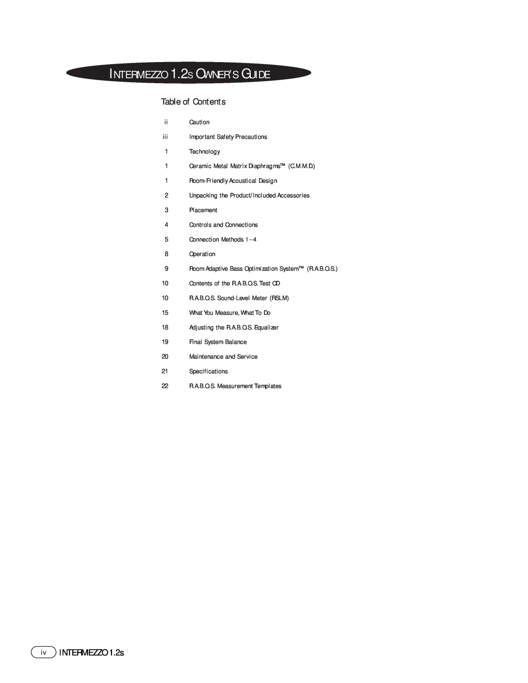 Infinity manual INTERMEZZO 1.2S OWNER’S GUIDE, Table of Contents, ivINTERMEZZO 1.2s 
