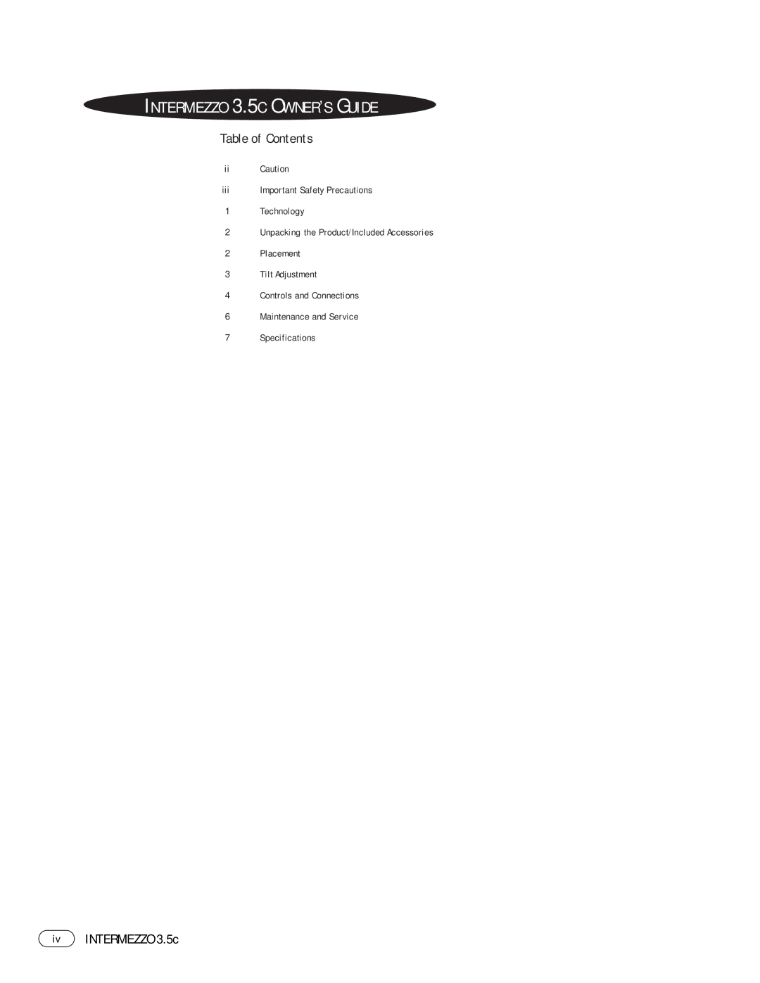 Infinity manual Intermezzo 3.5C OWNER’S Guide, Table of Contents, Iv Intermezzo 3.5c 