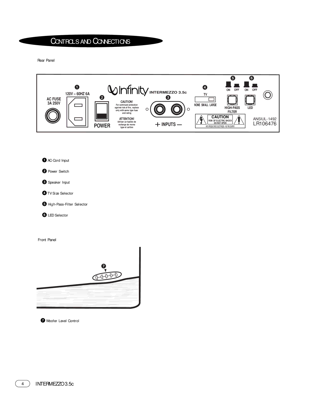 Infinity 3.5c manual Controls and Connections 