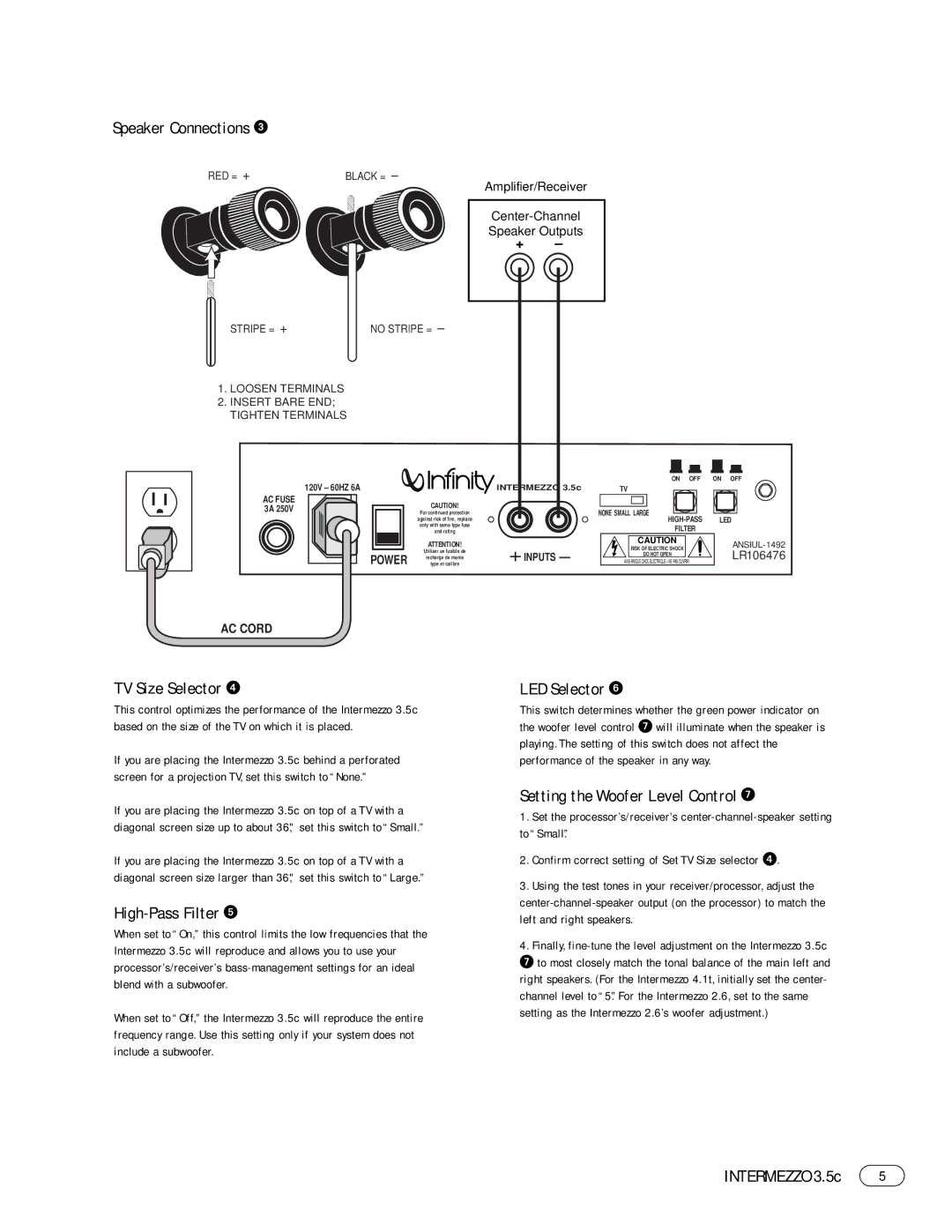 Infinity 3.5c manual Speaker Connections, TV Size Selector, High-Pass Filter, Setting the Woofer Level Control 