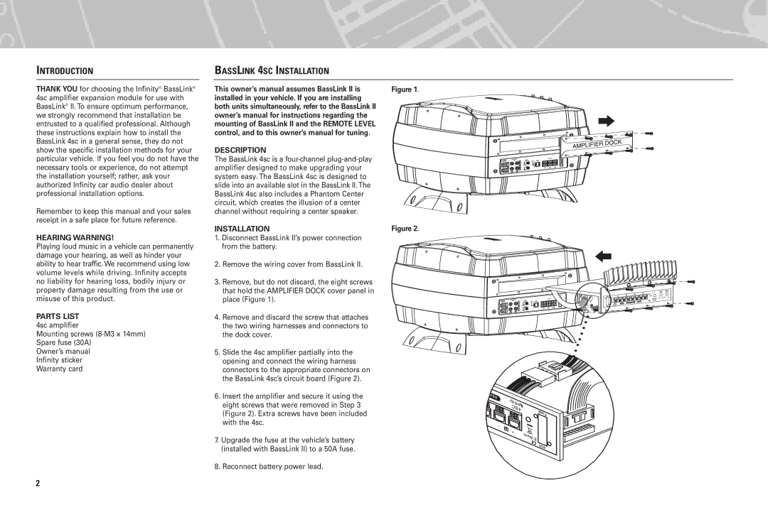 Infinity manual Introduction, Basslink 4SC Installation, Hearing Warning, Description 