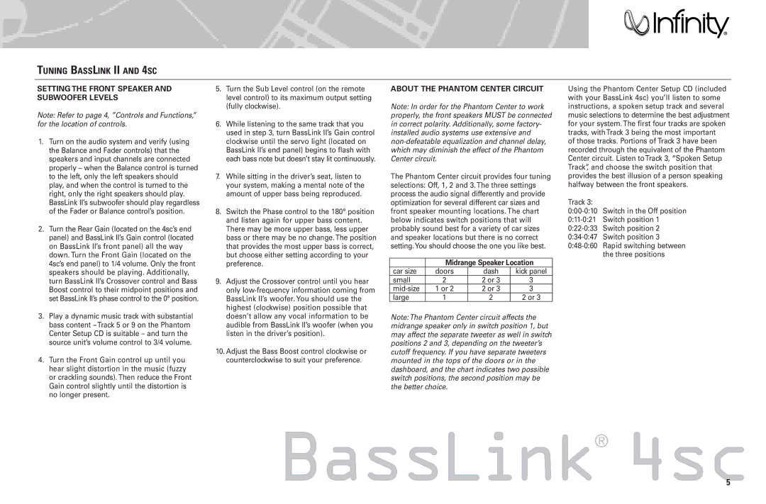 Infinity Tuning Basslink II and 4SC, Setting the Front Speaker and Subwoofer Levels, About the Phantom Center Circuit 