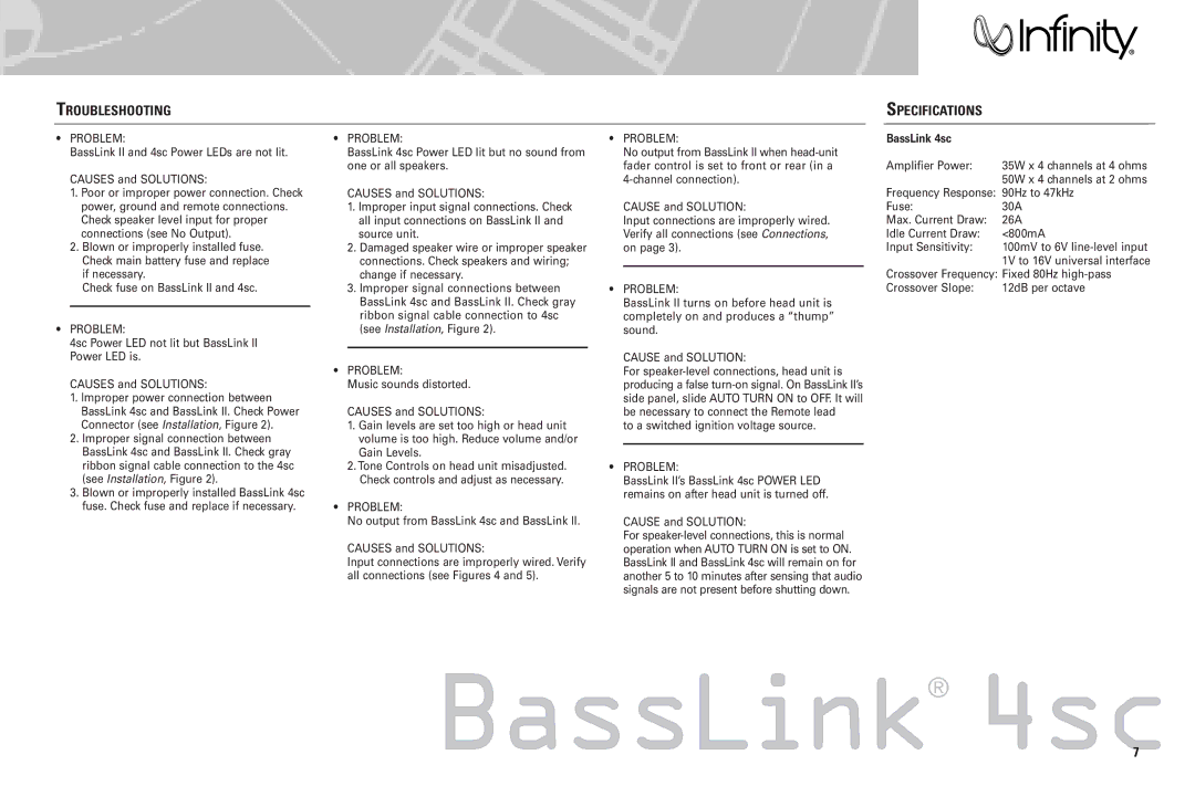 Infinity 4SC manual Troubleshooting Specifications, Problem 