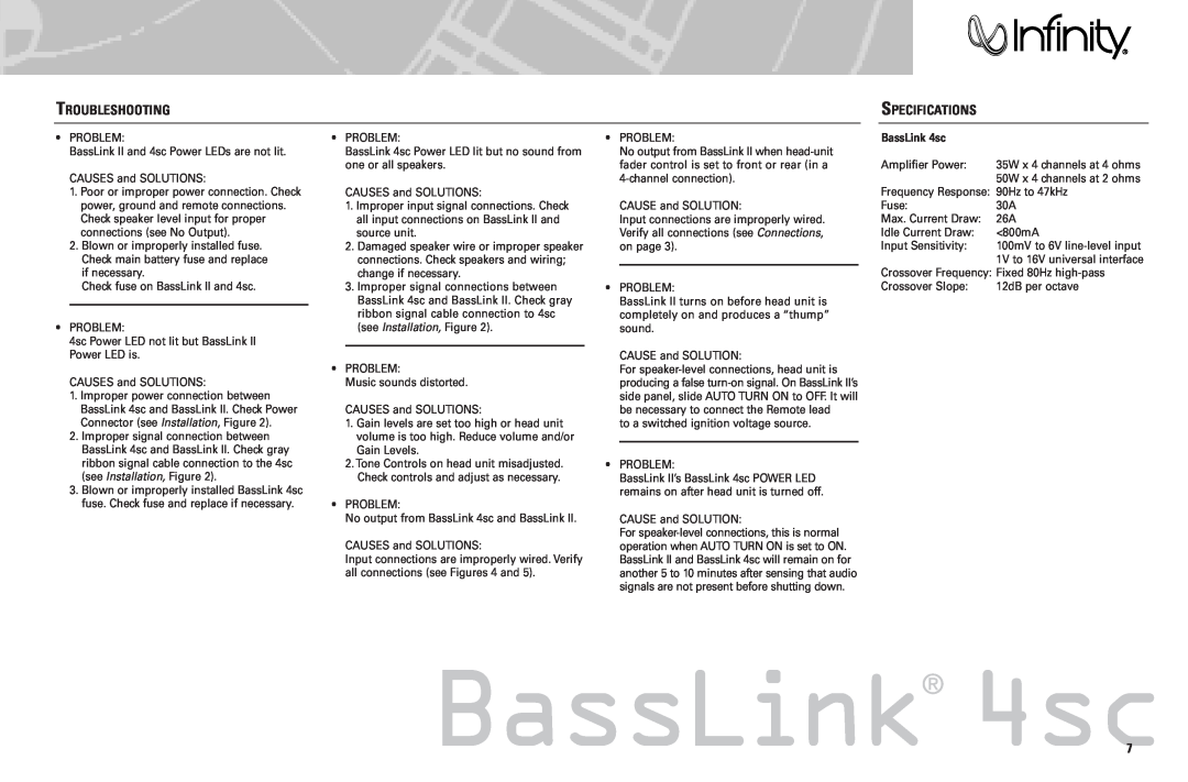 Infinity 4SC manual Troubleshooting, Specifications, BassLink 4sc 