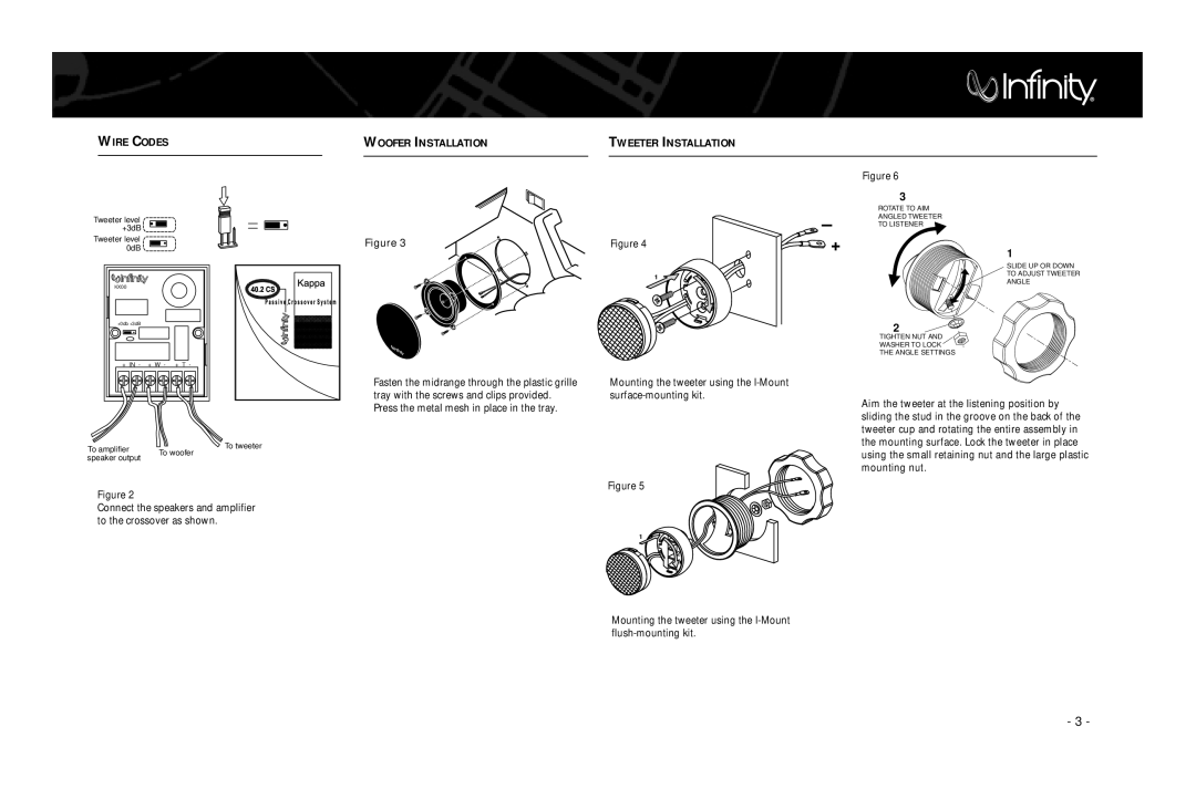 Infinity 40.2CS, 60.2CS, 652.2CS, 50.2CS manual Wire Codes Woofer Installation, Tweeter Installation 