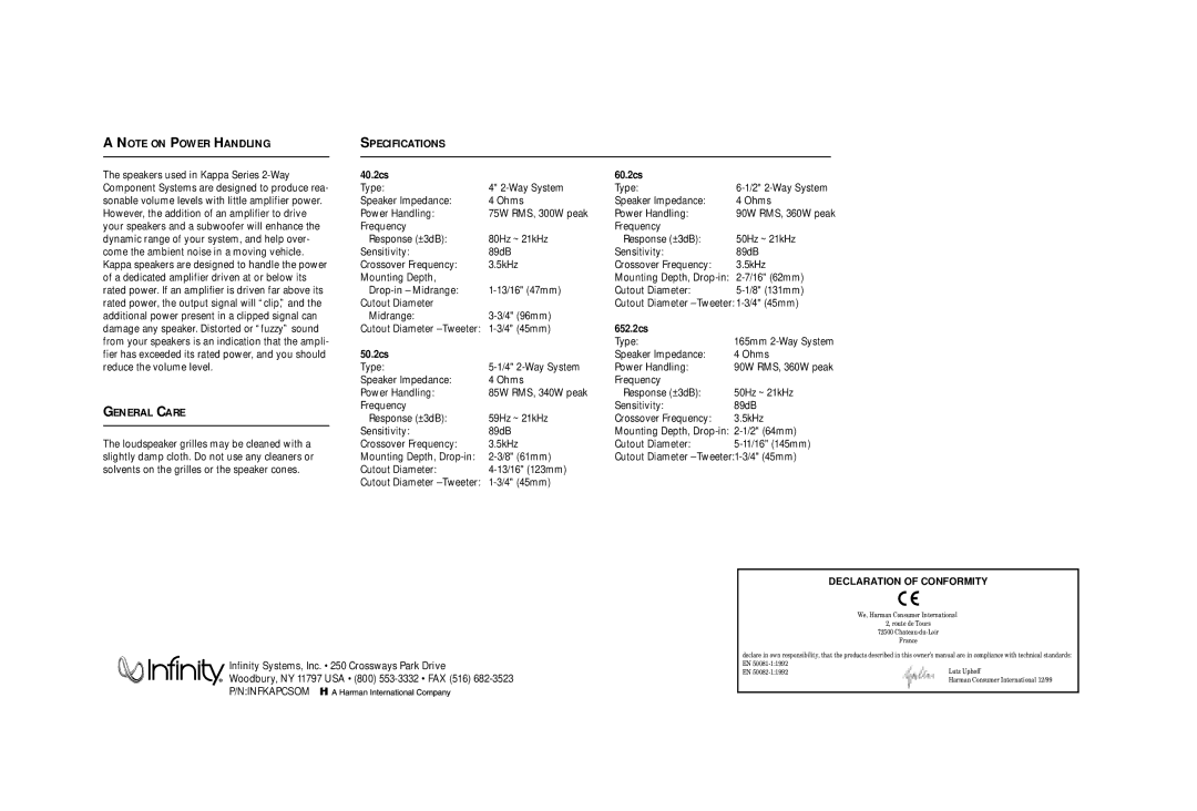 Infinity 60.2CS, 652.2CS, 50.2CS, 40.2CS manual Specifications, General Care 