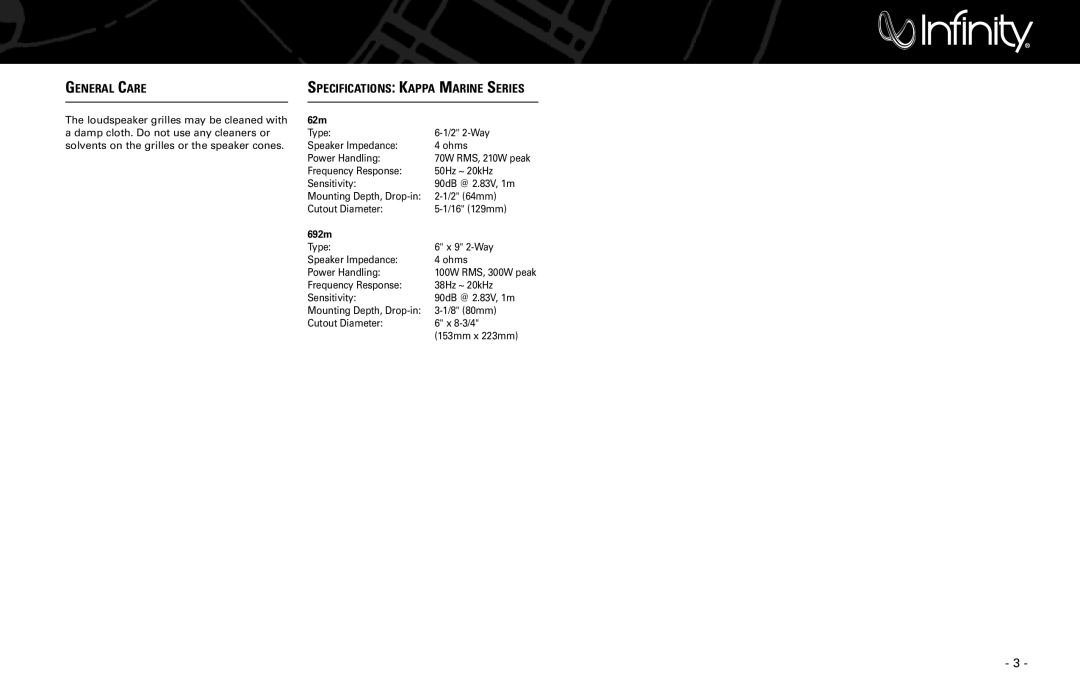 Infinity 692m, 62m manual General Care, Specifications Kappa Marine Series 