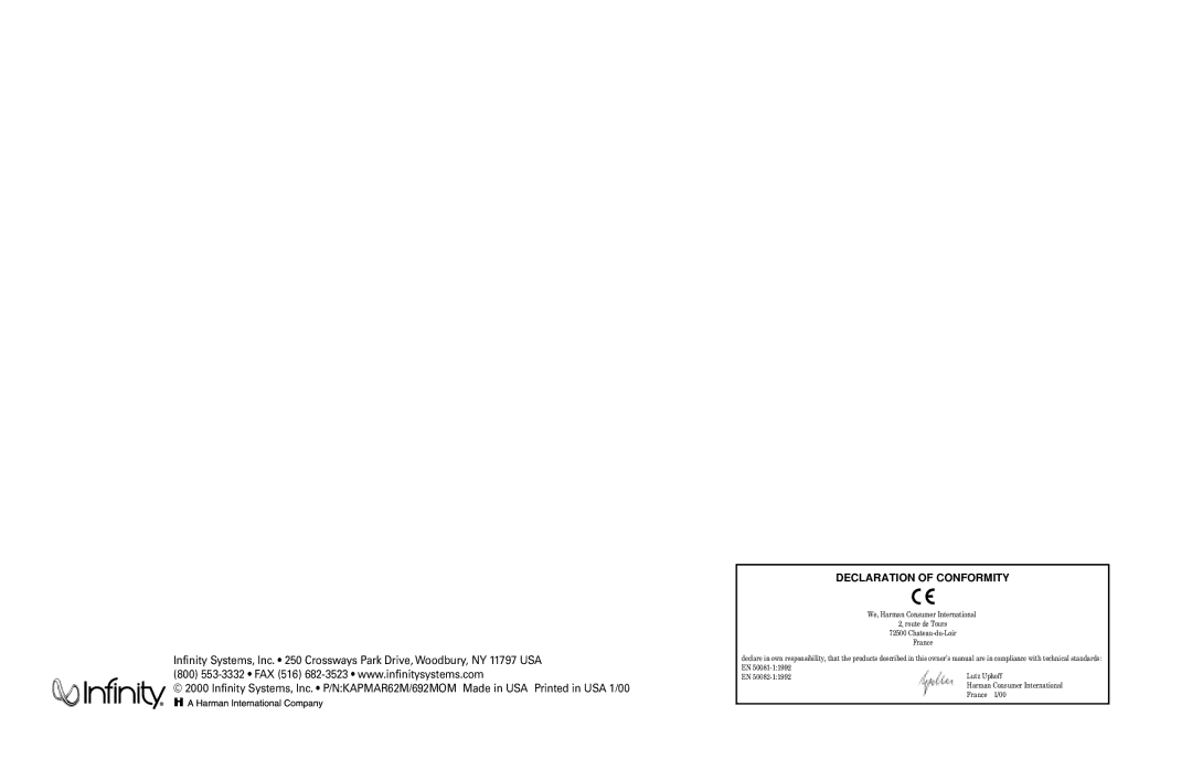 Infinity 62m, 692m manual Declaration of Conformity 