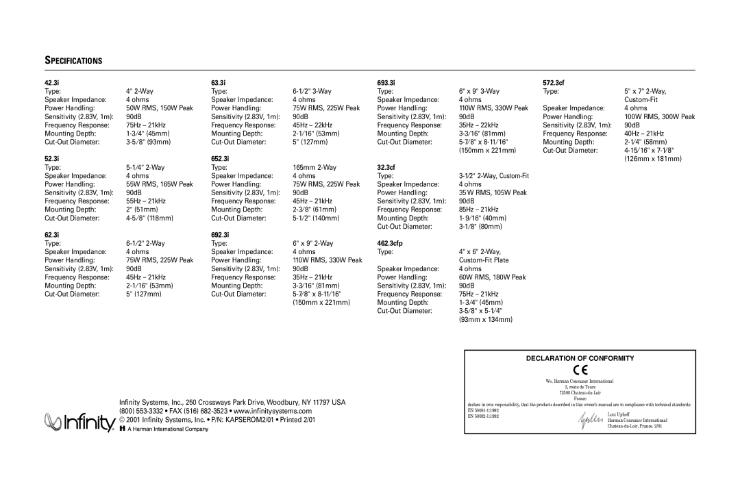 Infinity 652.3I Specifications, 126mm x 181mm, Type ⁄4 2-Way 165mm 2-Way, Cut-Out Diameter ⁄8 80mm Type ⁄2 2-Way 9 2-Way 