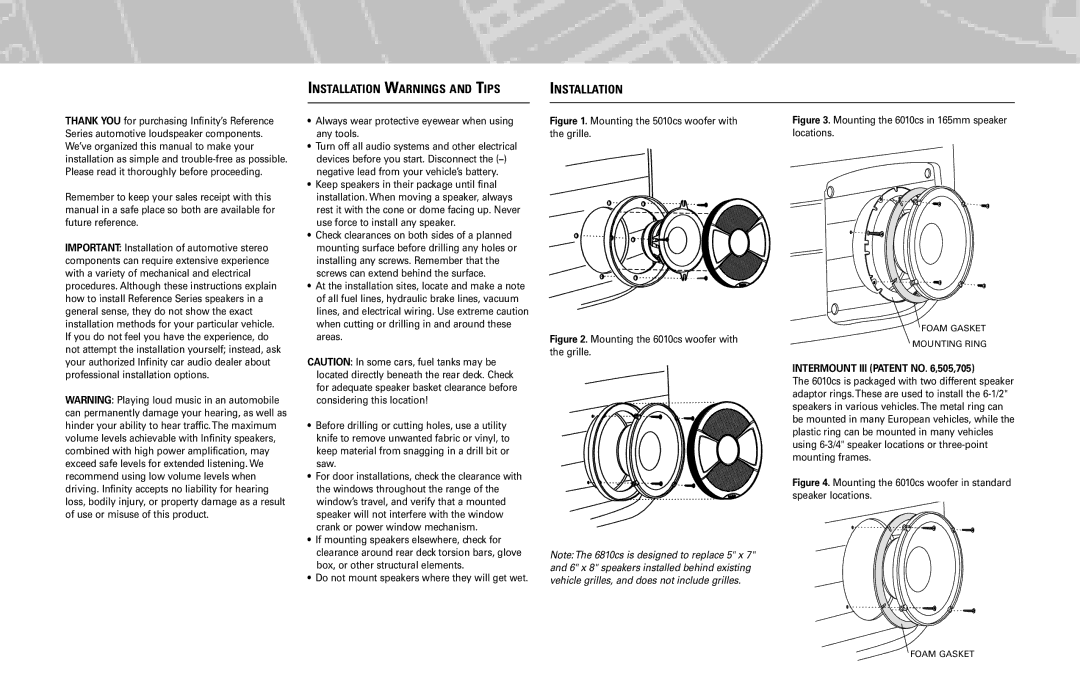 Infinity 6010cs, 5010cs, 6810cs manual Installation Warnings and Tips, Intermount III Patent no ,505,705 