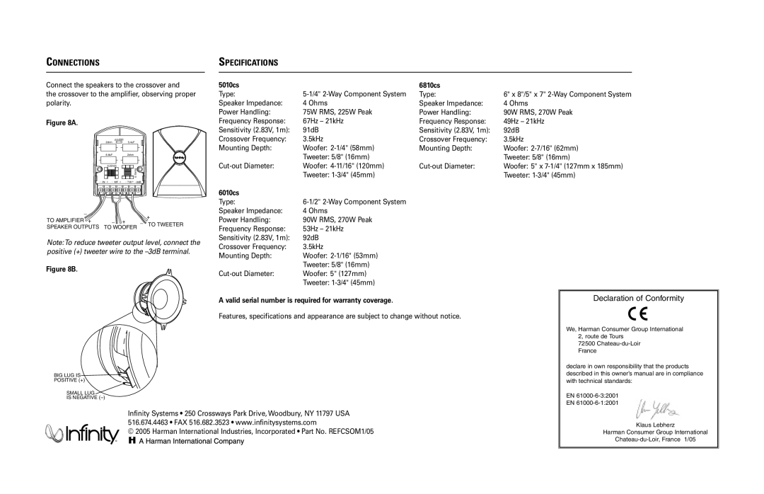 Infinity 6010cs, Automotive Loudspeaker Components manual Specifications, 5010cs 6810cs 