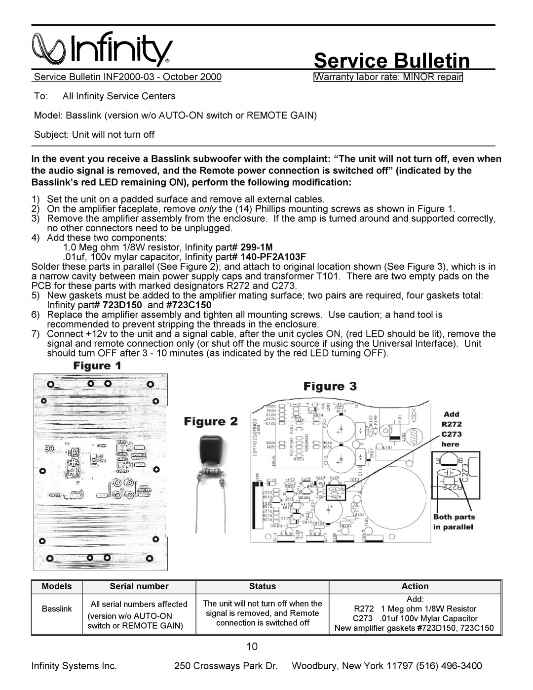 Infinity Bass Link service manual Service Bulletin, Models Serial number Status Action 