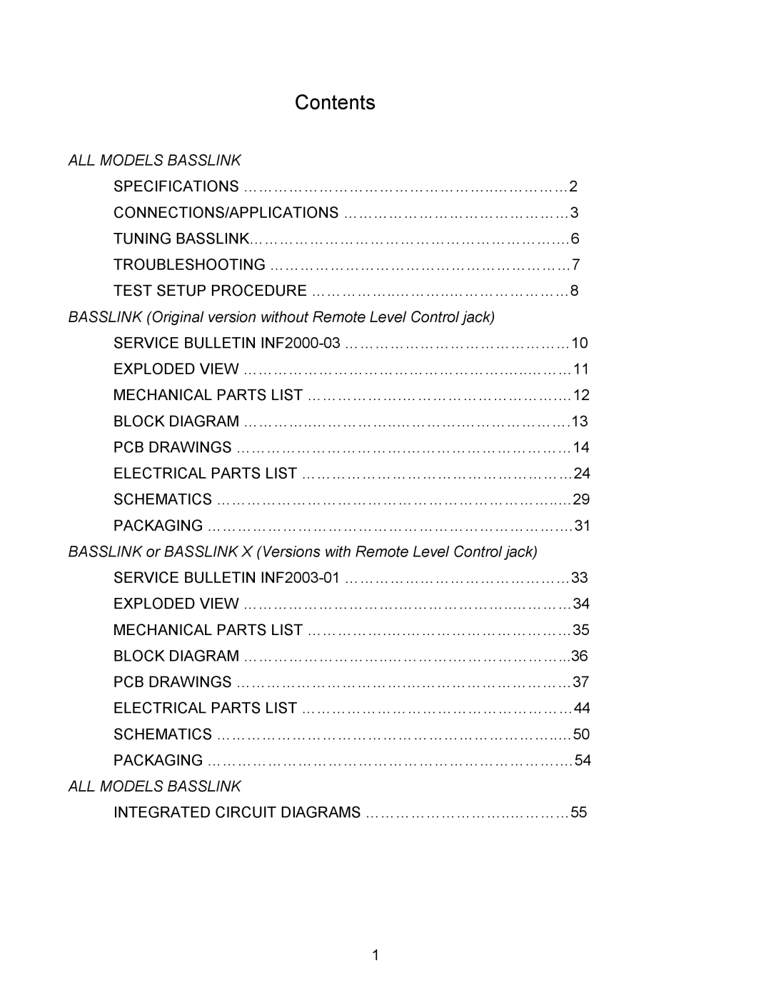 Infinity Bass Link service manual Contents 