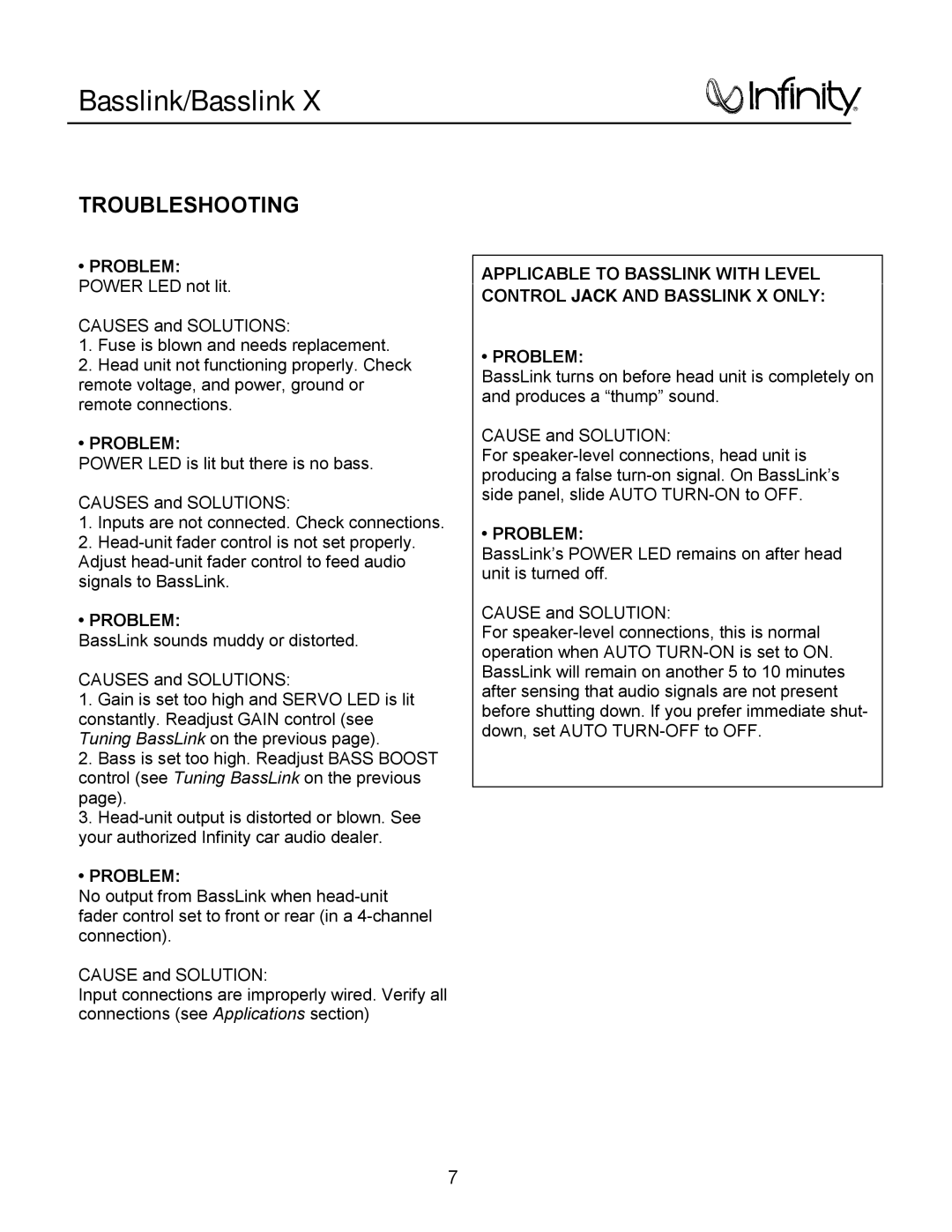 Infinity Bass Link service manual Basslink/Basslink 