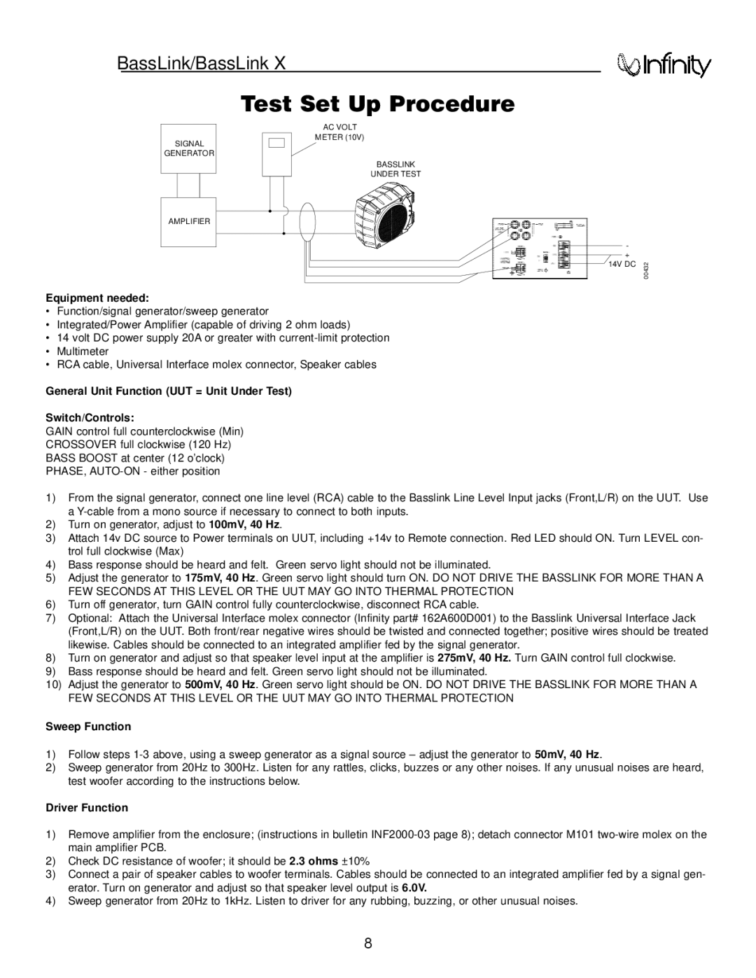 Infinity Bass Link service manual BassLink/BassLink Test Set Up Procedure 