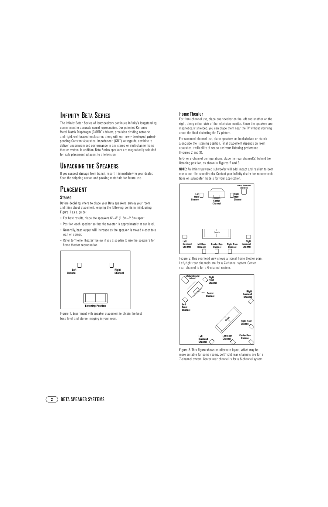 Infinity Beta 40, Beta 20, Beta 50, Beta C360 Infinity Beta Series, Unpacking the Speakers, Placement, Stereo, Home Theater 