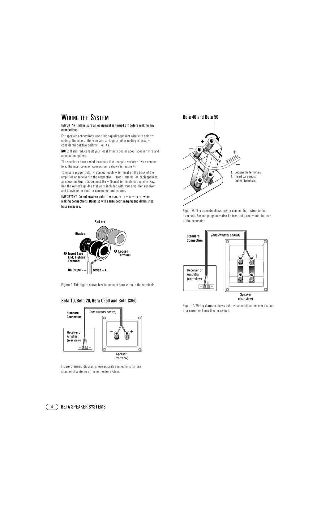 Infinity Beta 50, Beta 40 manual Wiring the System, Beta 10, Beta 20, Beta C250 and Beta C360 