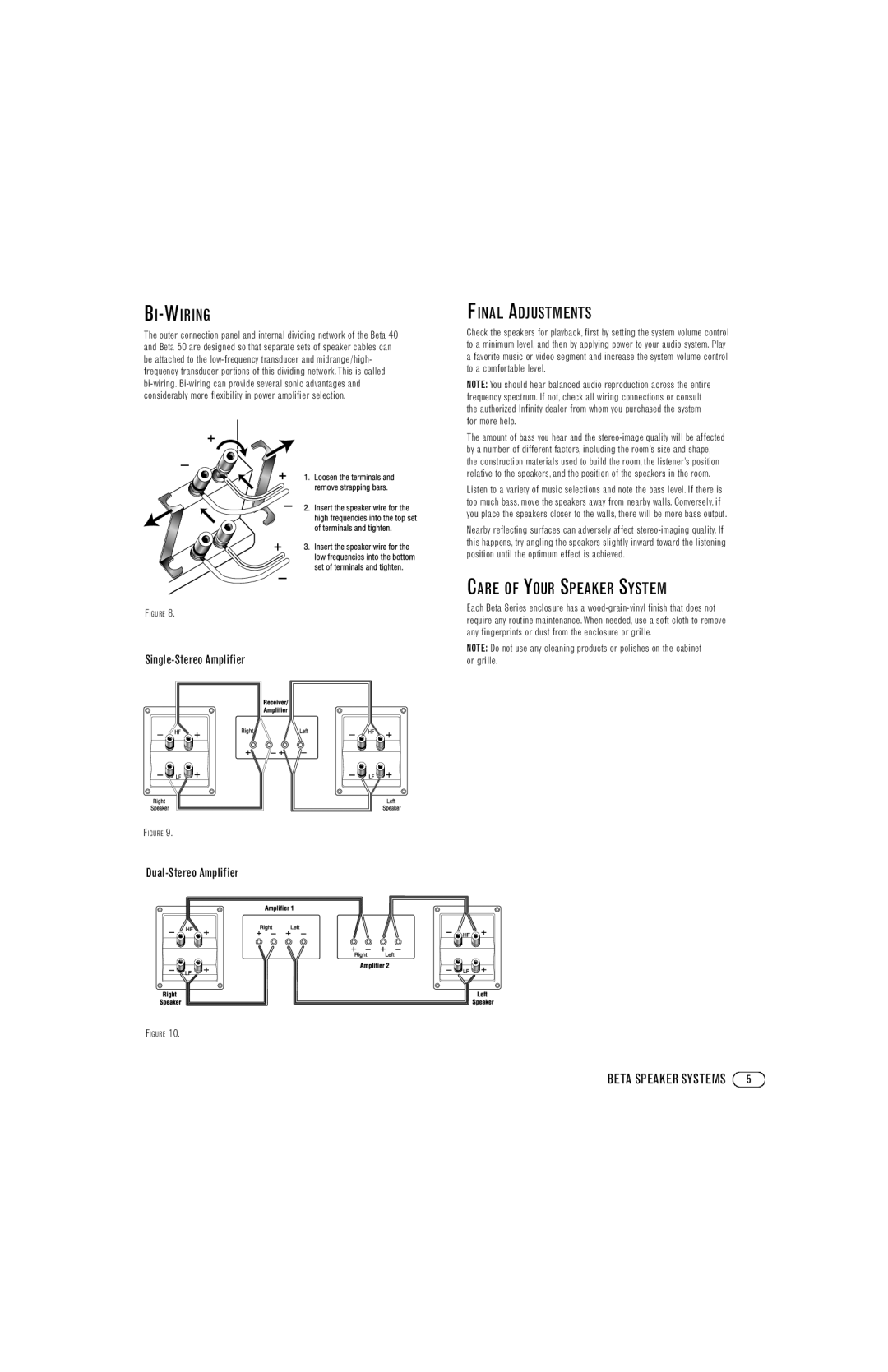 Infinity Beta C250, Beta 20, Beta 50, Beta 40, Beta C360, Beta 10 Bi-Wiring, Final Adjustments, Care of Your Speaker System 