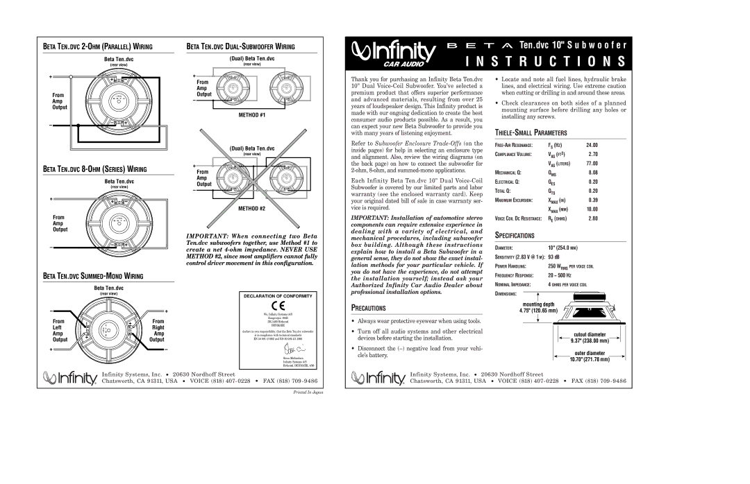 Infinity Beta Ten.dvc warranty Beta TEN.DVC 2-OHM Parallel Wiring, Beta TEN.DVC DUAL-SUBWOOFER Wiring, Precautions 