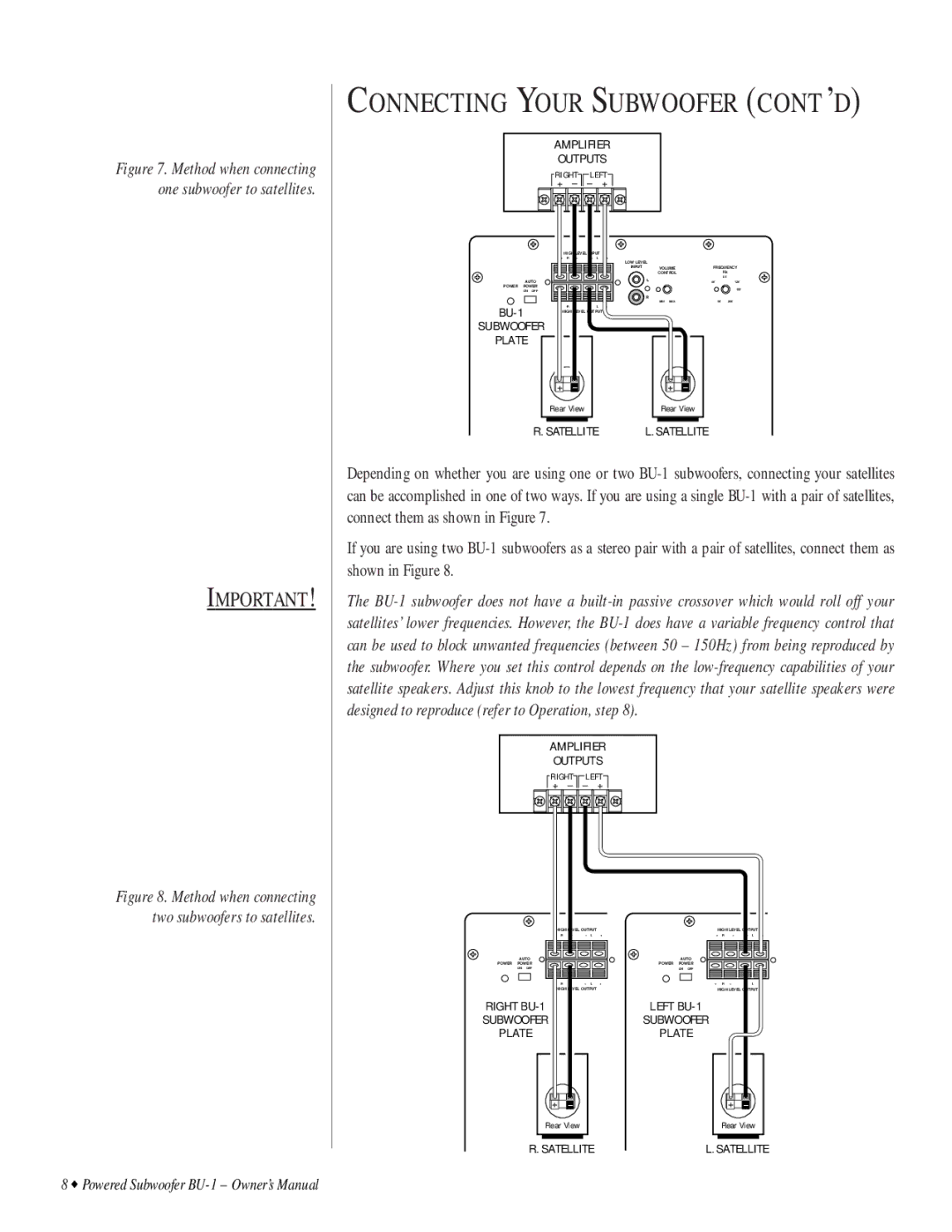 Infinity BU-1 owner manual Method when connecting one subwoofer to satellites 