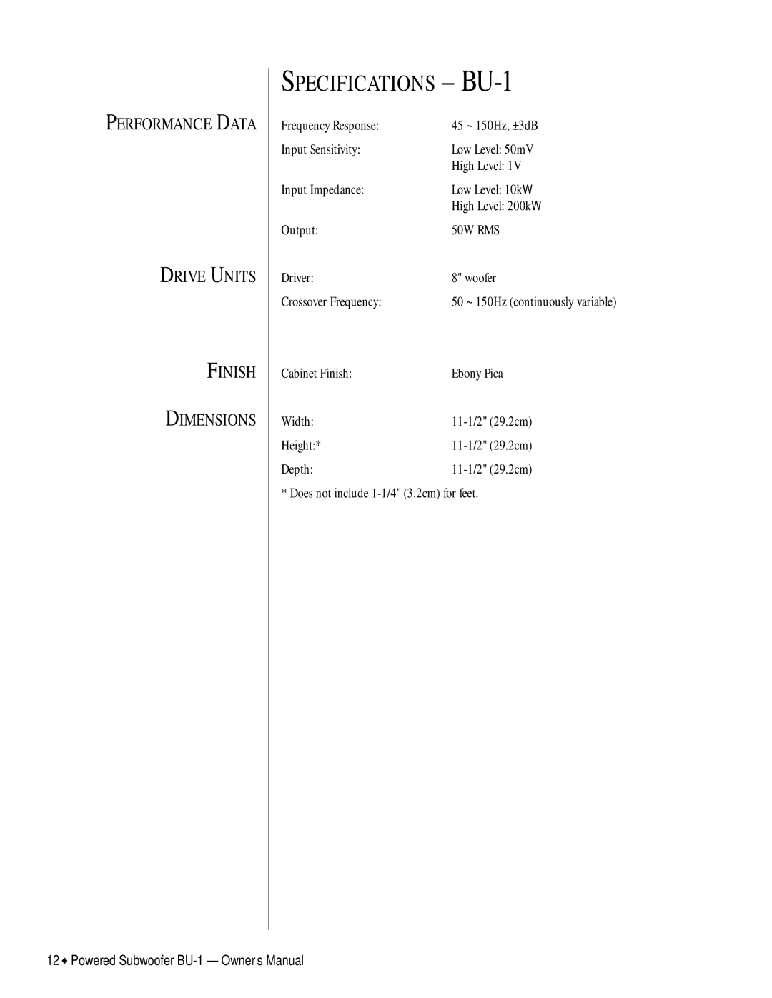 Infinity owner manual Specifications BU-1, 50W RMS 