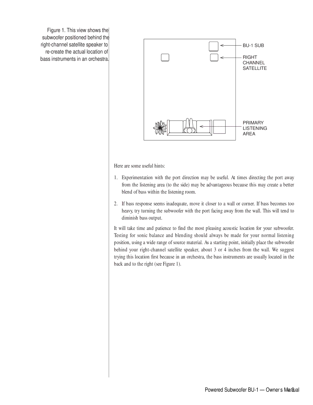 Infinity owner manual BU-1 SUB Right Channel Satellite Primary Listening Area 