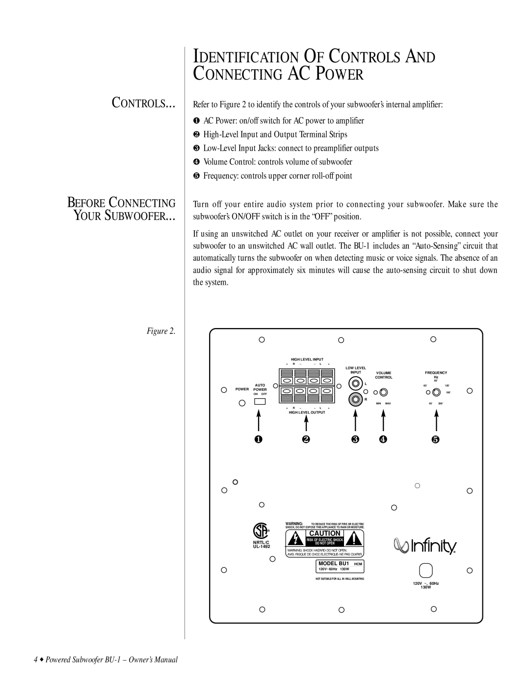 Infinity BU-1 owner manual Identification of Controls and Connecting AC Power 