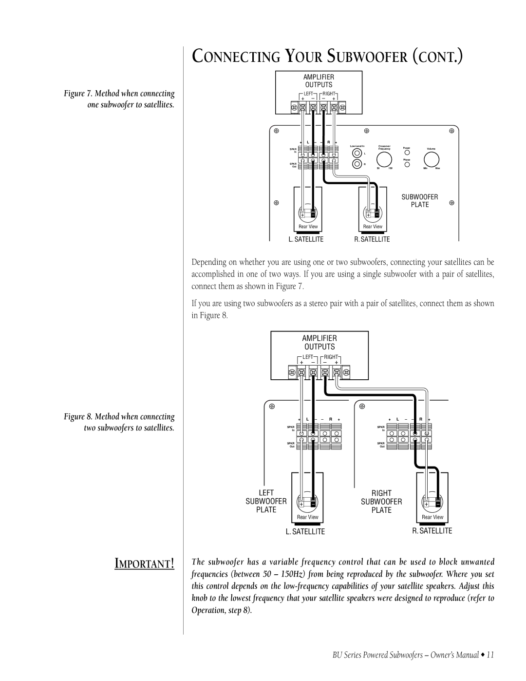 Infinity BU-120, BU-150, BU-80 owner manual Method when connecting one subwoofer to satellites 