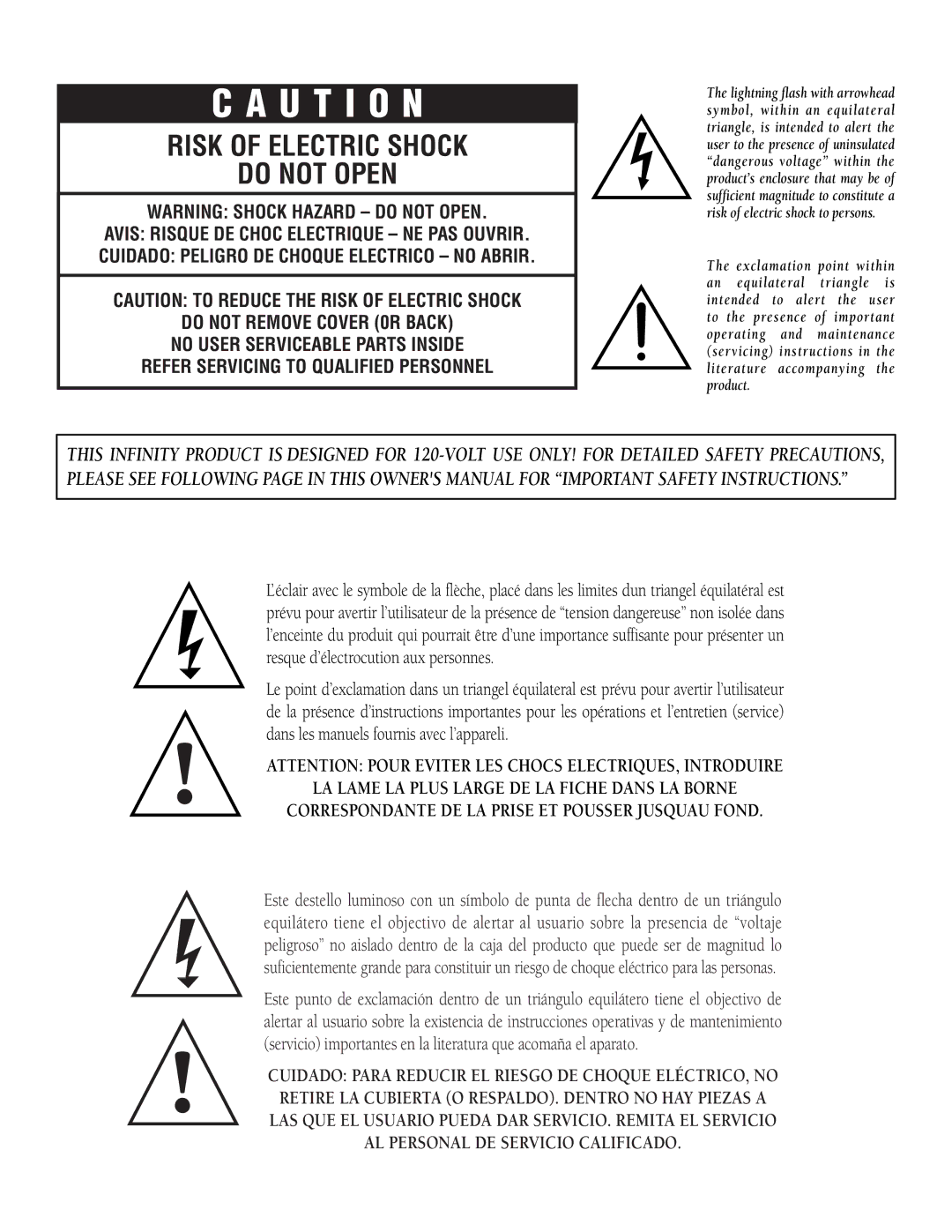 Infinity BU-120, BU-150, BU-80 owner manual U T I O N 