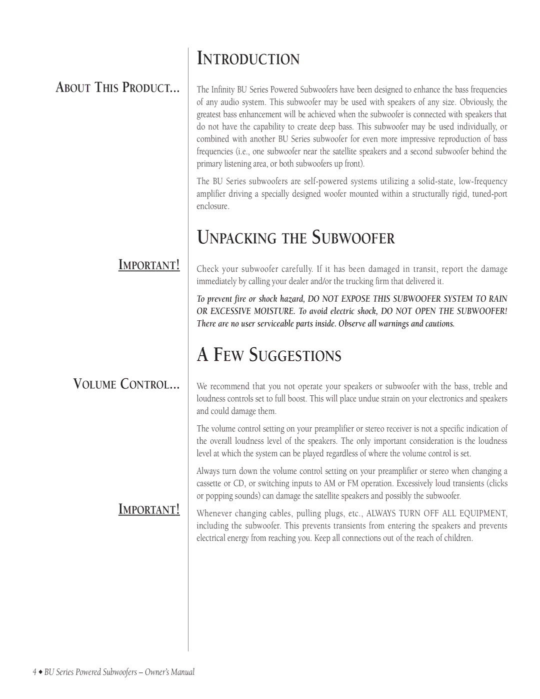 Infinity BU-80, BU-150, BU-120 owner manual Introduction, Unpacking the Subwoofer, FEW Suggestions 