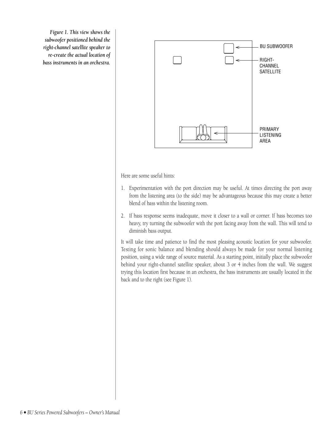 Infinity BU-150, BU-80, BU-120 owner manual BU Subwoofer Right Channel Satellite Primary Listening Area 