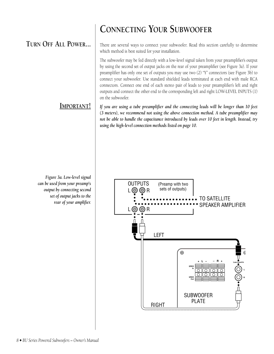 Infinity BU-120, BU-150, BU-80 owner manual Connecting Your Subwoofer 