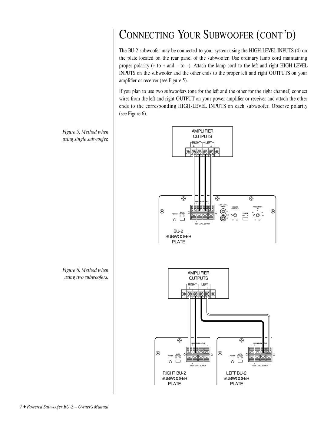 Infinity BU-2 owner manual Connecting Your Subwoofer Cont ’D 