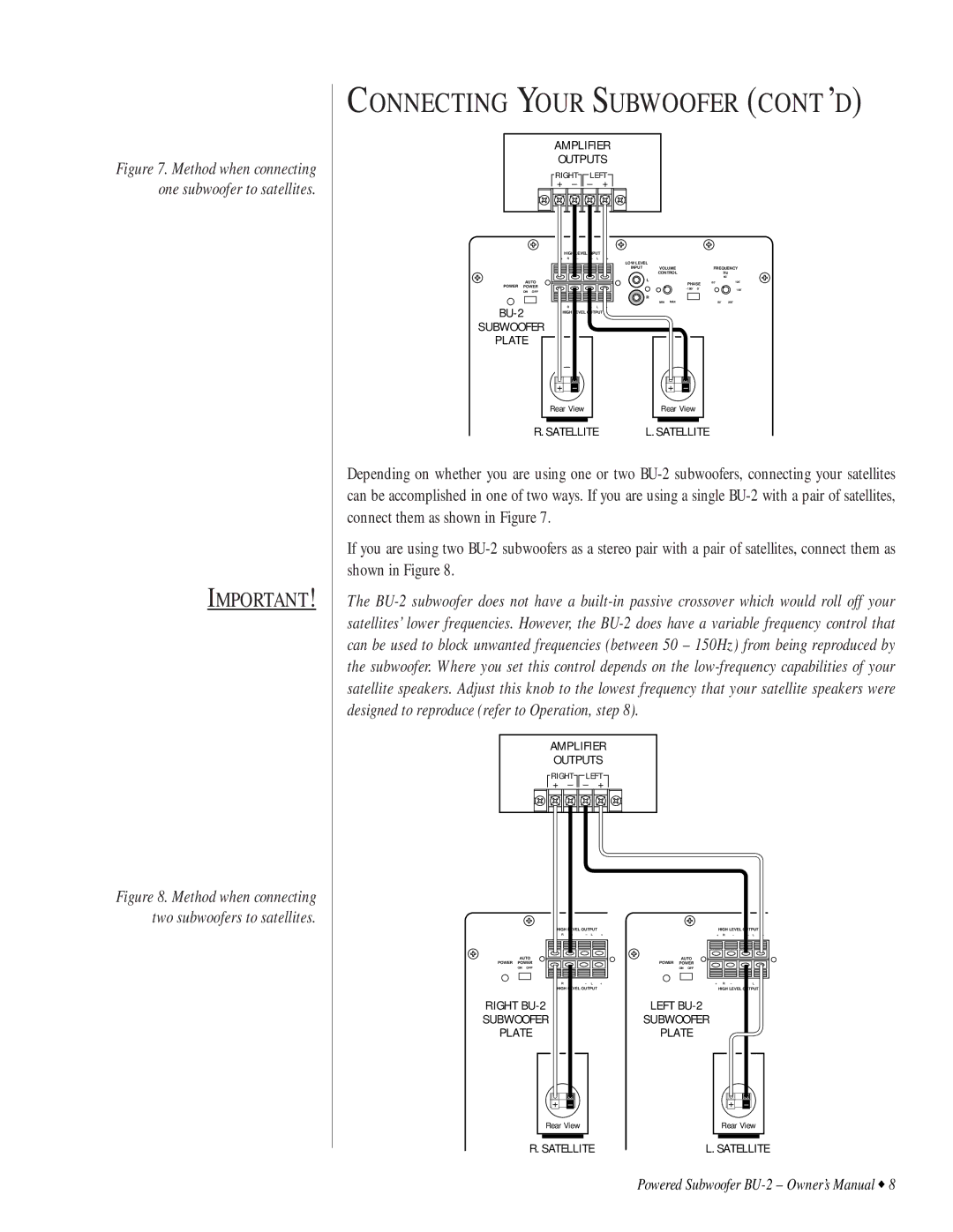 Infinity BU-2 owner manual Method when connecting one subwoofer to satellites 