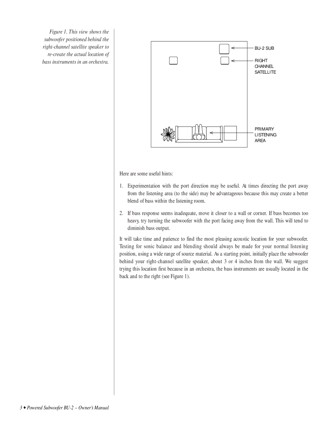 Infinity owner manual BU-2 SUB Right Channel Satellite Primary Listening Area 