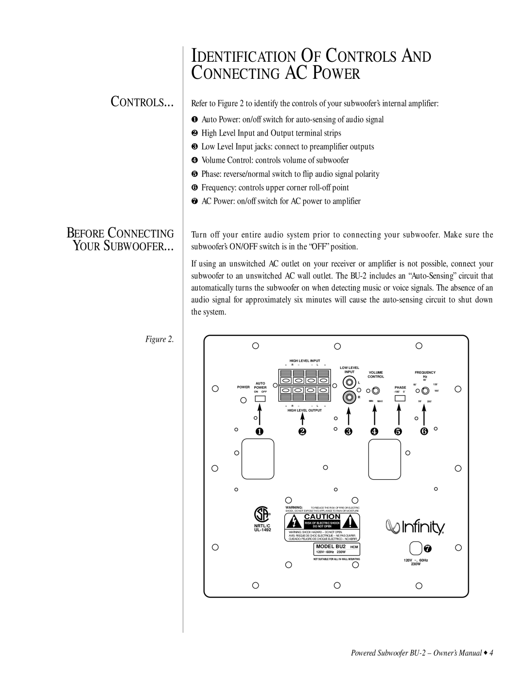 Infinity BU-2 owner manual Identification of Controls and Connecting AC Power 