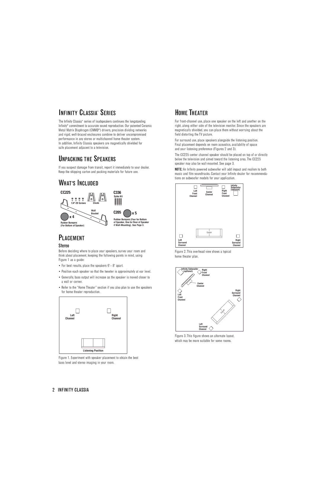 Infinity C205 manual Infinity Classia Series, Unpacking the Speakers, Home Theater, Placement, Stereo 