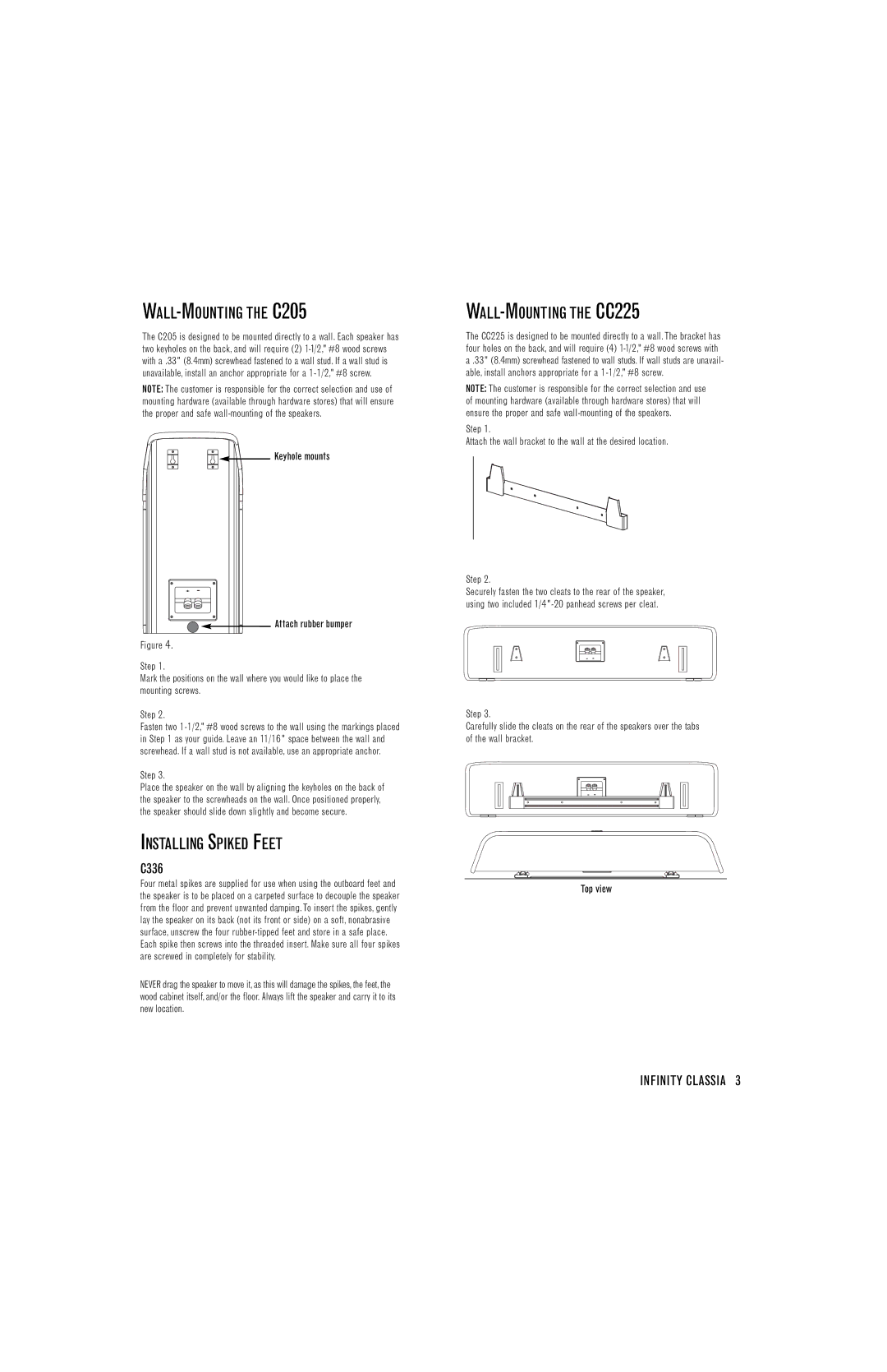 Infinity manual WALL-MOUNTING the C205, Installing Spiked Feet, WALL-MOUNTING the CC225, C336 