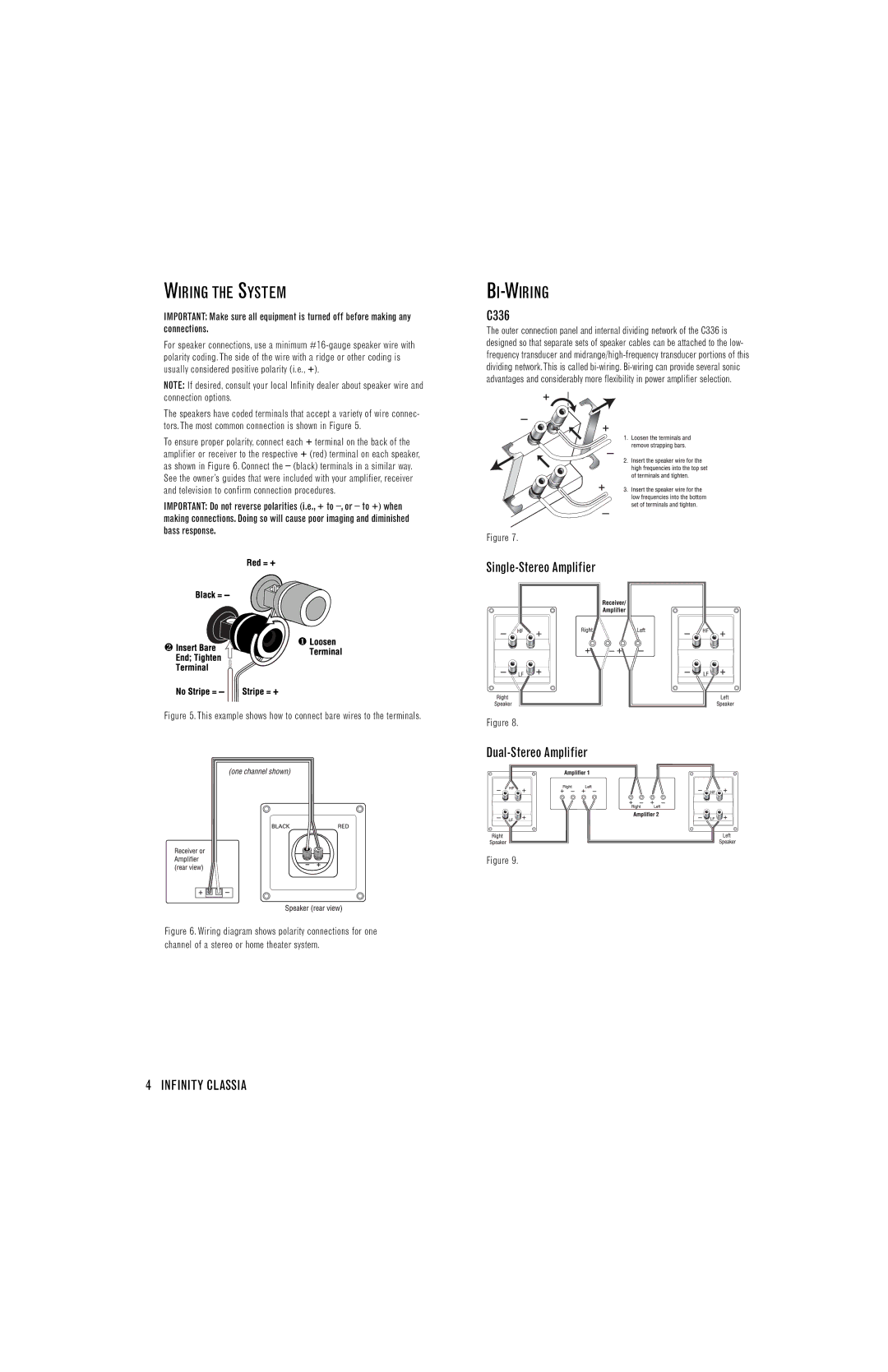 Infinity C205 manual Wiring the System, Bi-Wiring, Single-Stereo Amplifier Dual-Stereo Amplifier 