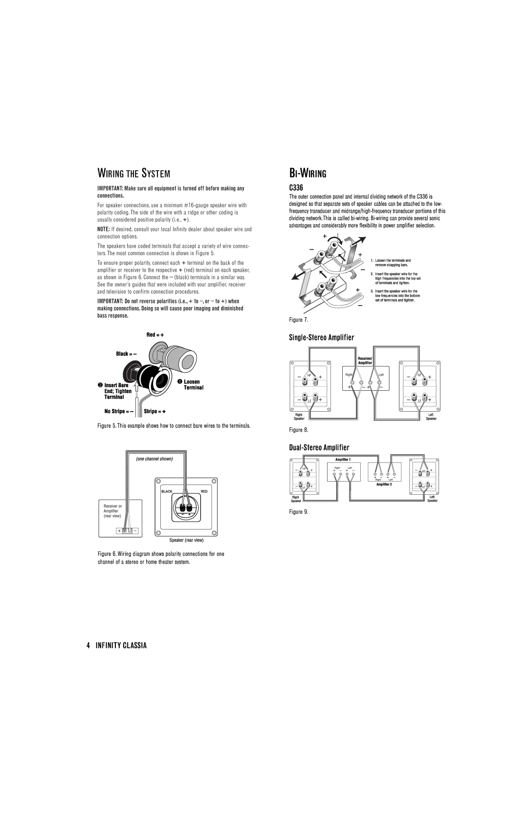 Infinity C205 manual Wiring The System, Bi-Wiring, Single-StereoAmplifier, Dual-StereoAmplifier, Infinity Classia, C336 